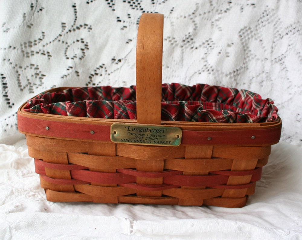 1990 Longaberger Gingerbread Christmas Collection Basket with original fabric liner and basket card