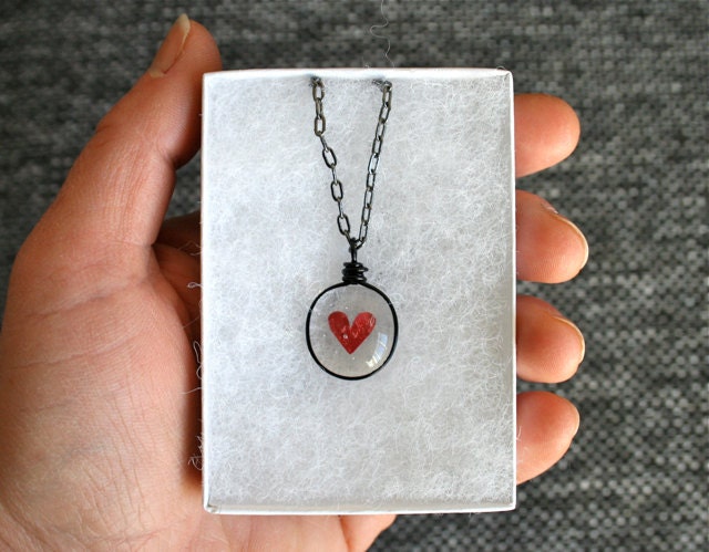 Clear Transparent Heart Necklace - Glass with Black Gunmetal Chain and Wire Wrapped Mini Pendant