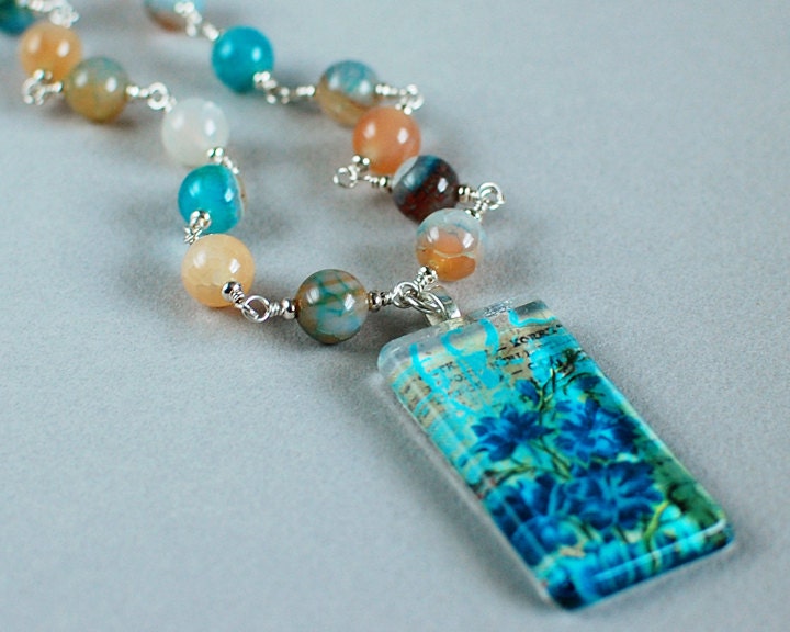 Blue Bonnets Glass Tile, Digital Collage and Gemstone Necklace - Blue Bonnet - Flower Necklace - Gemstone Necklace