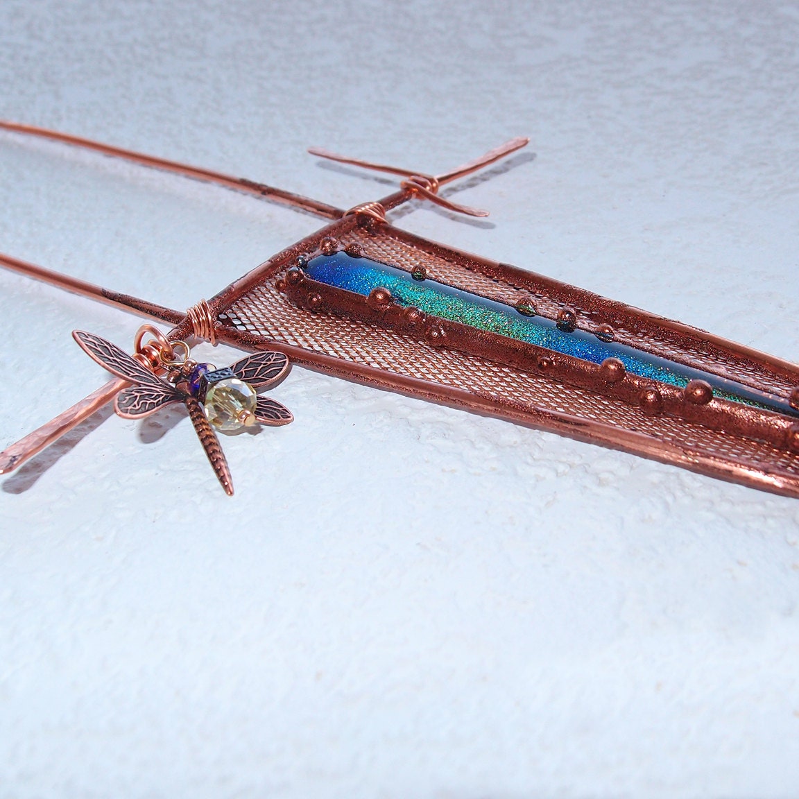 Talisman Fused Dichroic Stained Glass & Copper Mixed Media Sculpture Metal Wall/Garden/Window Art Dragonfly