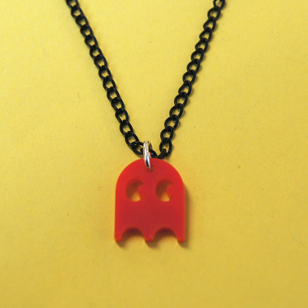 Red orange and black 80s arcade game ghost plastic quirky kitsch necklace