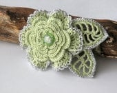 Crochet Rossete , brooch or hair clip, apple green and silver.