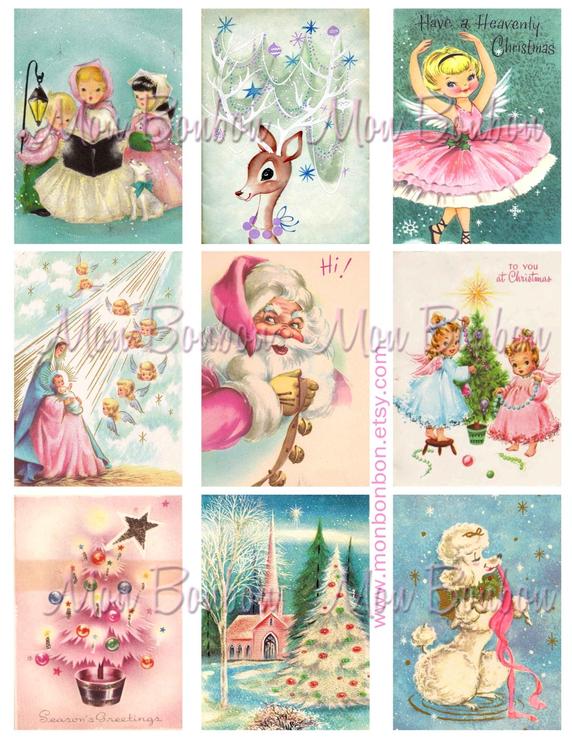 Digital Collage Sheet of Vintage Retro Kitschy Pink and Blue Christmas Cards - DIY Printable - INSTANT DOWNLOAD