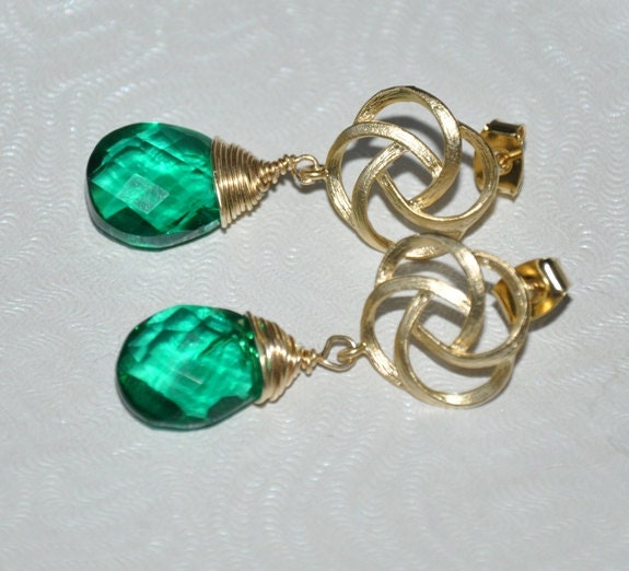 Emerald green quartz earrings, gold earrings. wire wrapped earrings. gold filled wire, post earrings, dangle earrings, sterling silver
