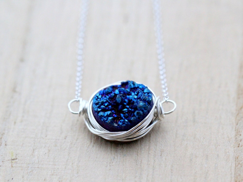 Blue Druzy Silver Necklace, Bezel Wrapped Cobalt Gemstone Agate in Sterling Silver, Layering Necklace, Minimalist