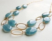 Avalon Necklace with Blue Sponge Coral and 14k Gold filled Oval Hoops Double Strand Ocean Pebbles
