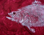 Largemouth Bass original Fish Art Rubbing (GYOTAKU) on Deep Red Batik Cloth