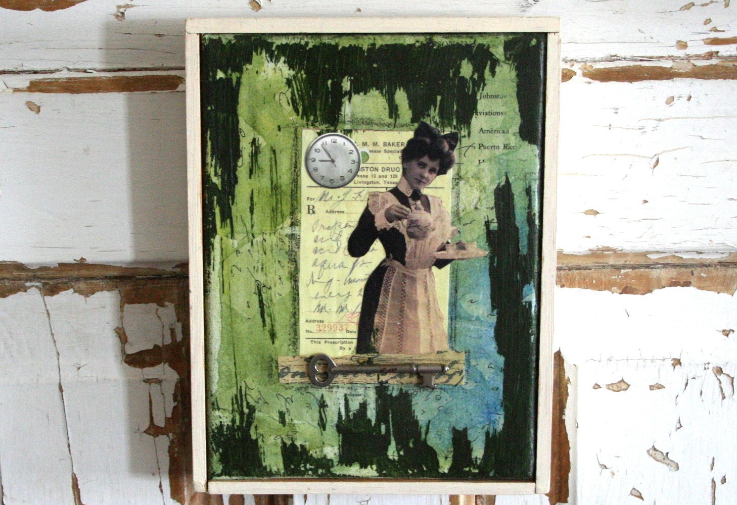 Original Collage on Canvas, Framed, Skeleton Key, Lady, Tea, Mixed Media