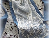 Ladies Denim and Lace Tie, Necklace, Lace, PEN PAL, taupe script fabric, rhinestone brooch.