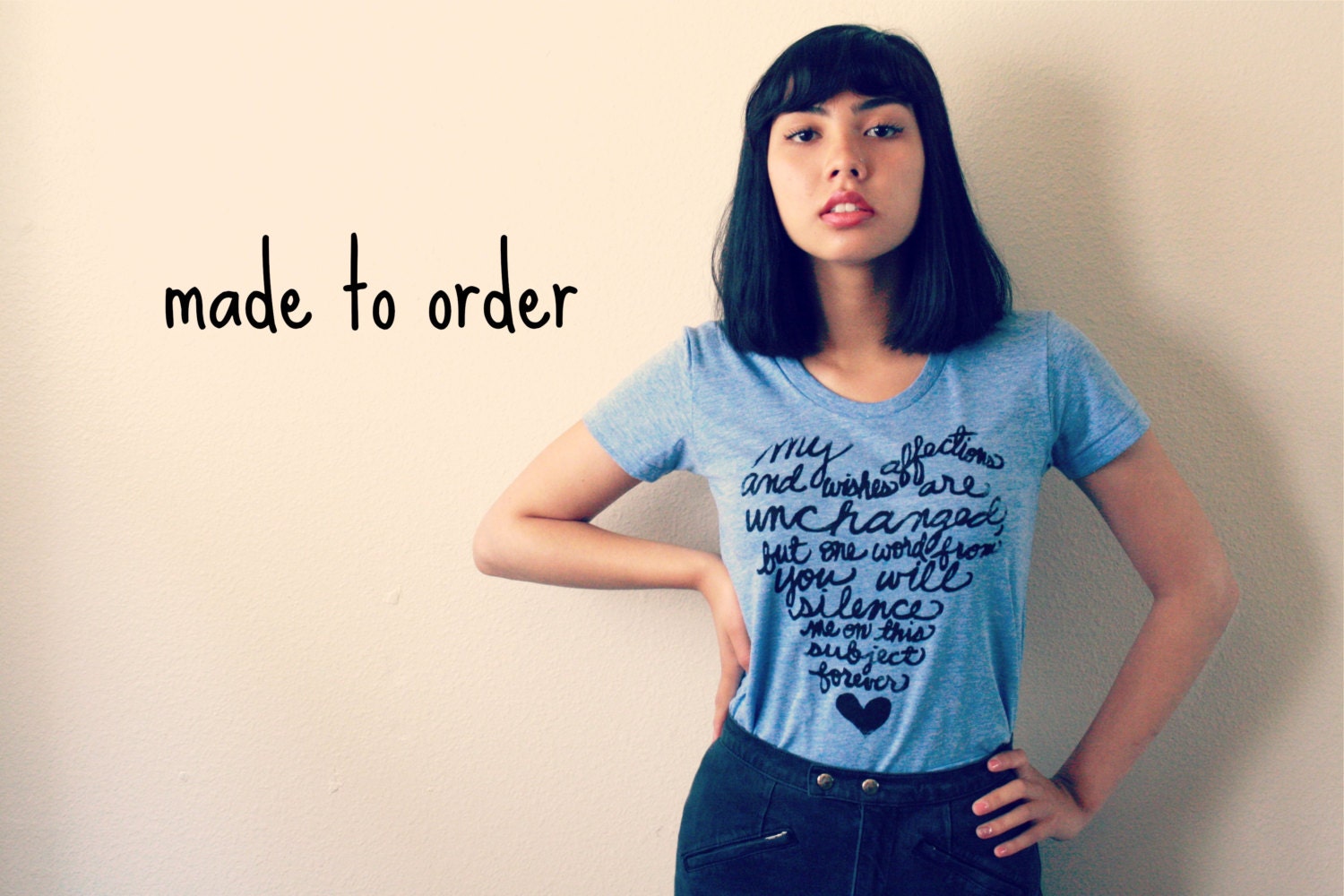 MADE TO ORDER. Small Pride and Prejudice/Mr. Darcy 2nd Proposal. Women's T-shirt American Apparel in Athletic Blue