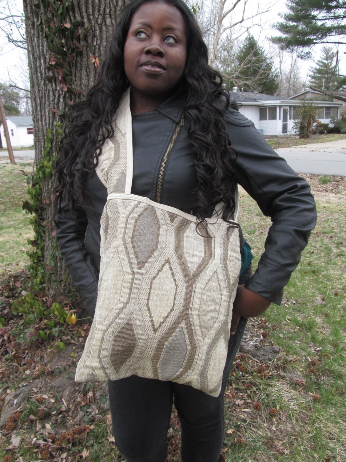 Light Brown Upholstery Purse, Brown Purse, Beige, Medium Upholstery Bag, Beige Medium Purse, Vinyl, Multicolored, Handbag, Upholstery,