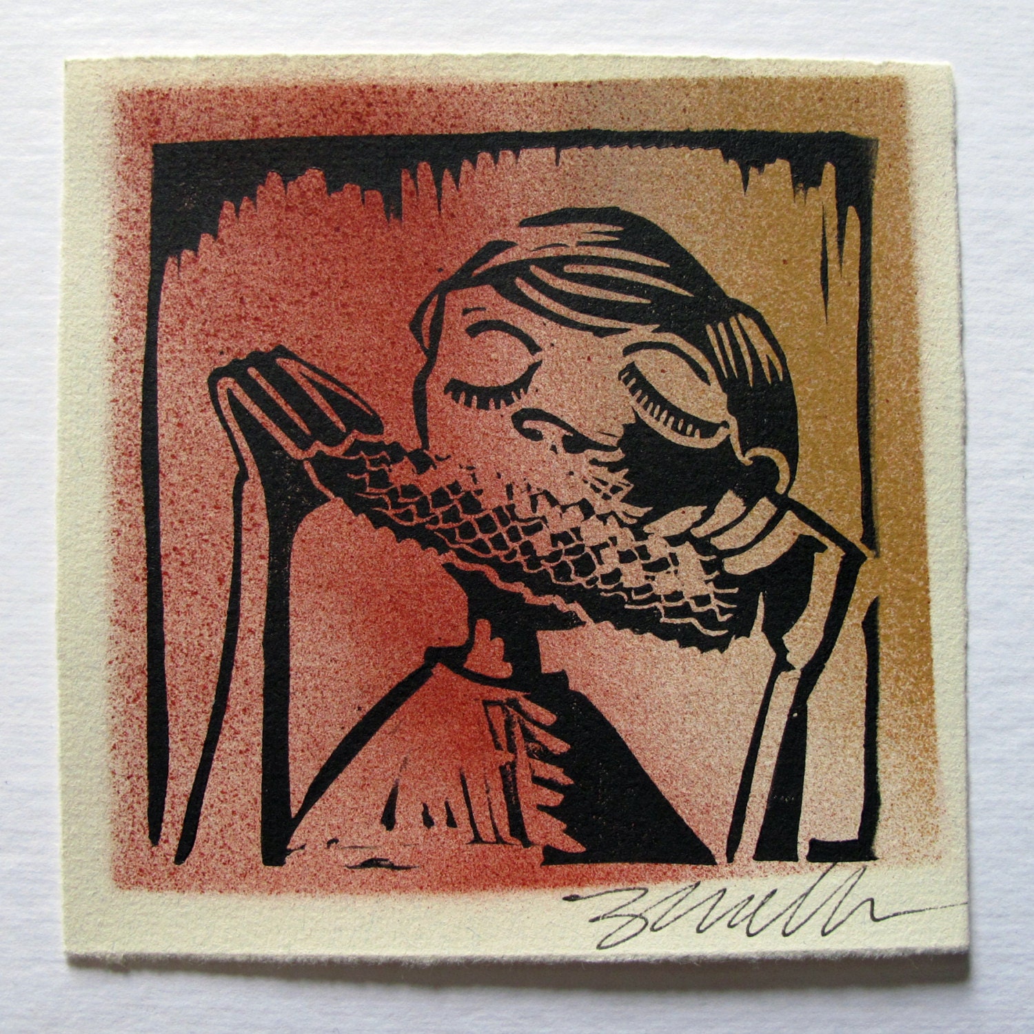 Summer Corn Boy Mixed Media Linocut Block Print