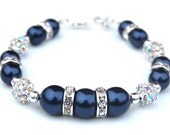 Bridesmaid Jewelry, Navy Pearl and Rhinestone Bracelet, Mother of the Bride, Bridesmaid Bracelet, Blue Wedding  Evening Accessory