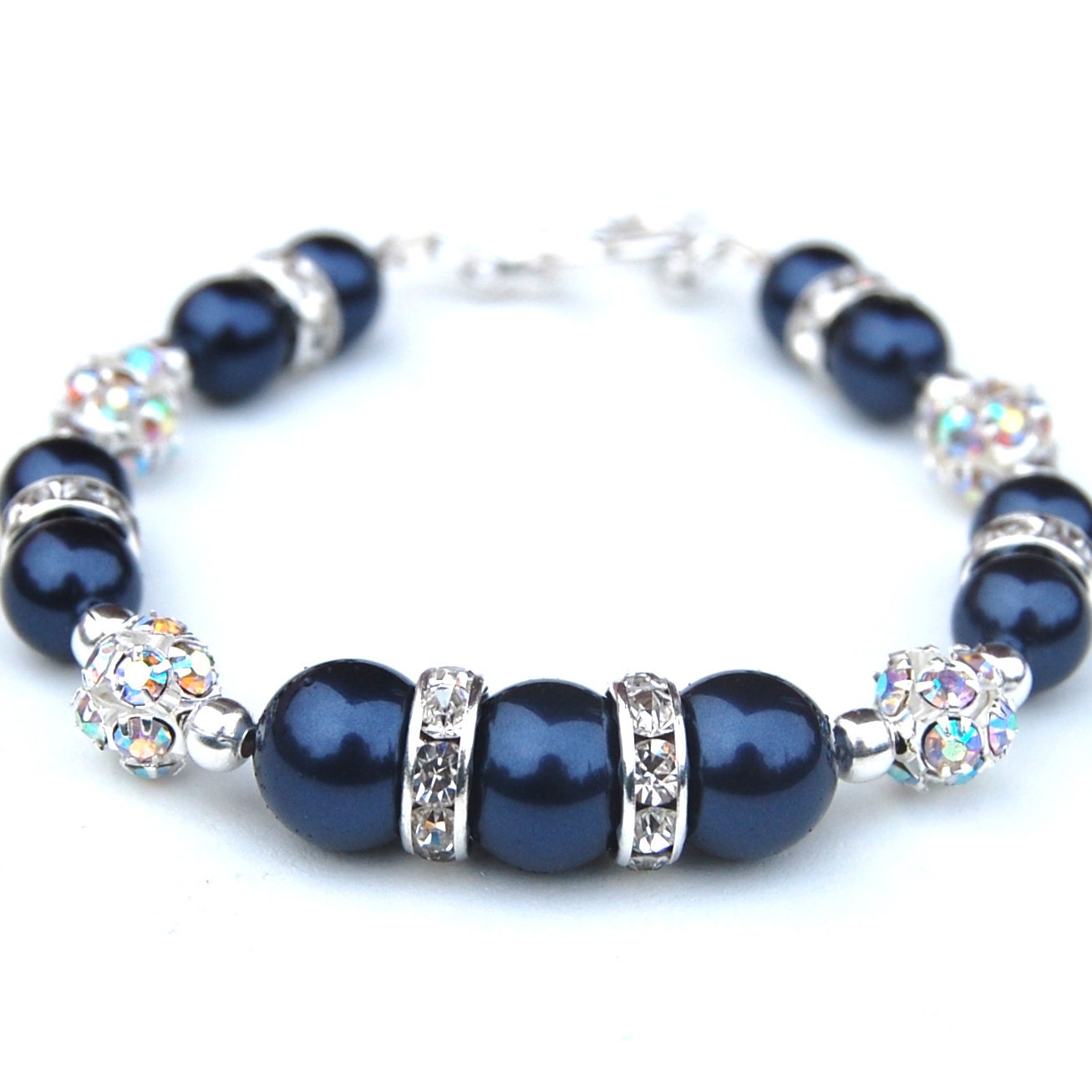 Pearl Bridesmaid Jewelry, Navy Pearl and Rhinestone Bracelet, Mother of the Bride, Bridesmaid Bracelet, Blue Wedding Evening Accessory