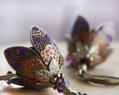 Flower dangle earrings purple romantic brass filigree