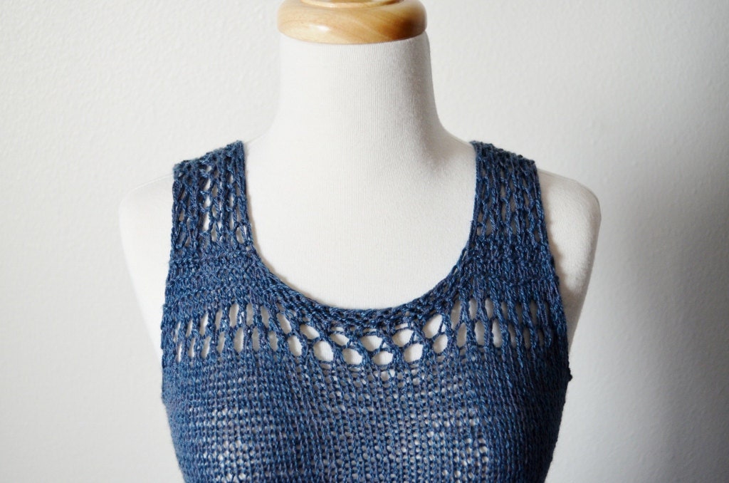 Women's Hand Knit Top - Sleeveless Camisole Style Tank with Lace Hems and Straps - Ocean & Slate Lightweight See Through Loose Knit Tank Top