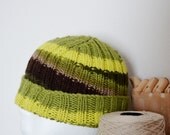 Hand Knit Beanie in Pure Wool - Forest Stripes - Spring Green, Leaf Green, Bittersweet Brown - for Men or Women - Sale