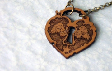 Soaring Heart Lock Pendant, companion necklace, engraved alder wood