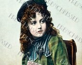 Instant Download Victorian French School Girl Beret Notebook Satchel antique postcard GRADUATION Digital Scan
