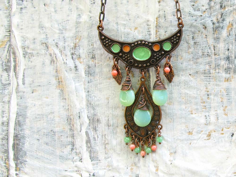 Bohemian necklace Mint Summer Boho statement necklace wire wrapped Bohemian Jewelry