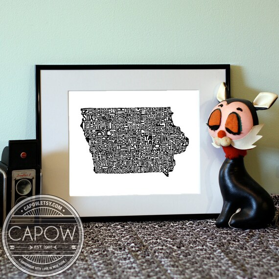 Iowa - typography map art print 8x10 - customizable personalized state poster custom wall decor engagement wedding housewarming gift