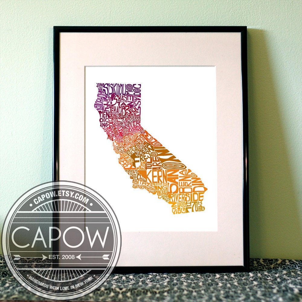 California - typography map art print 8x10 - customizable state poster custom wedding engagement graduation gift anniversary wall art decor