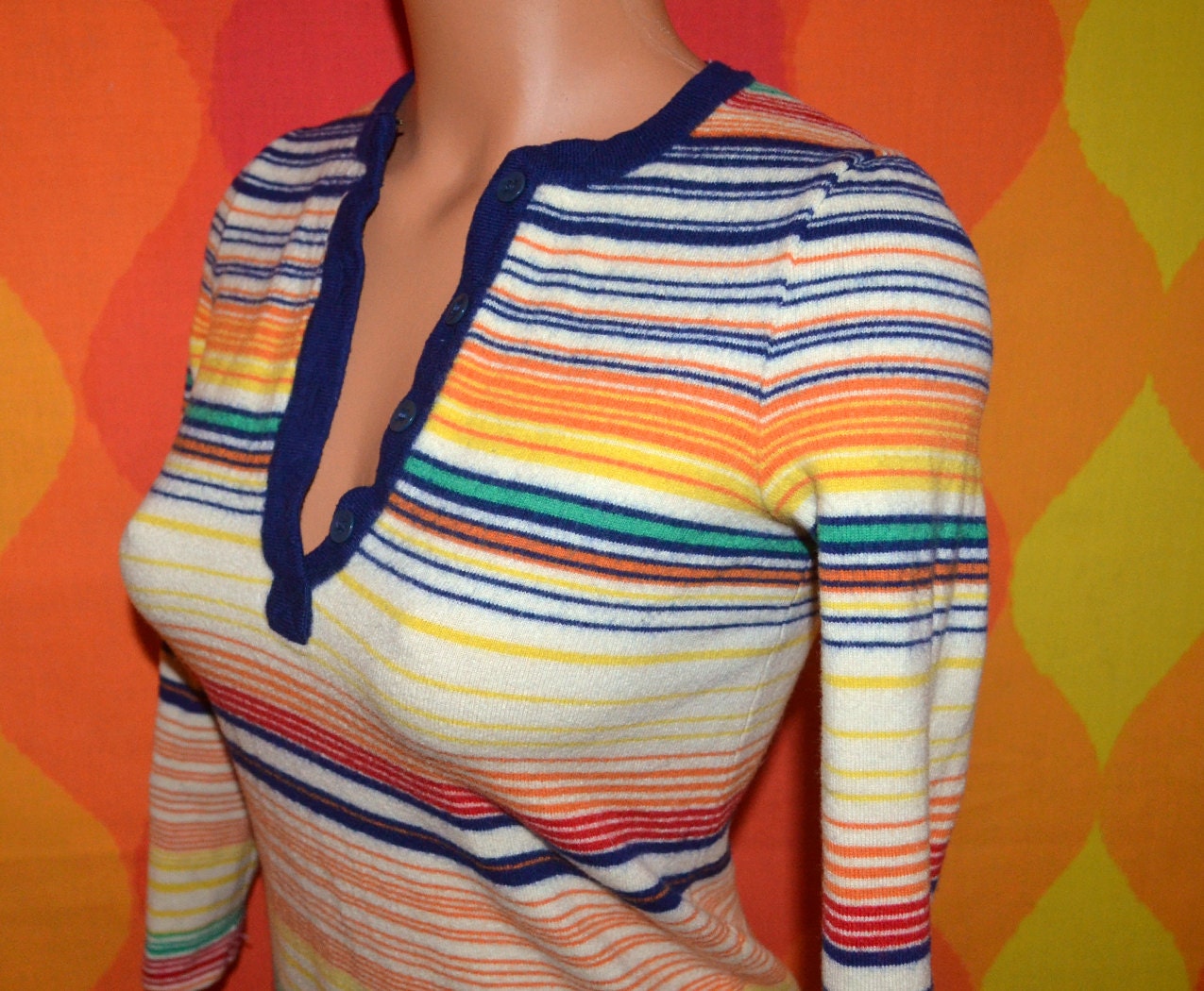 vintage 60's italian wool sweater dress RAINBOW stripe henley Small XS fun rockstar