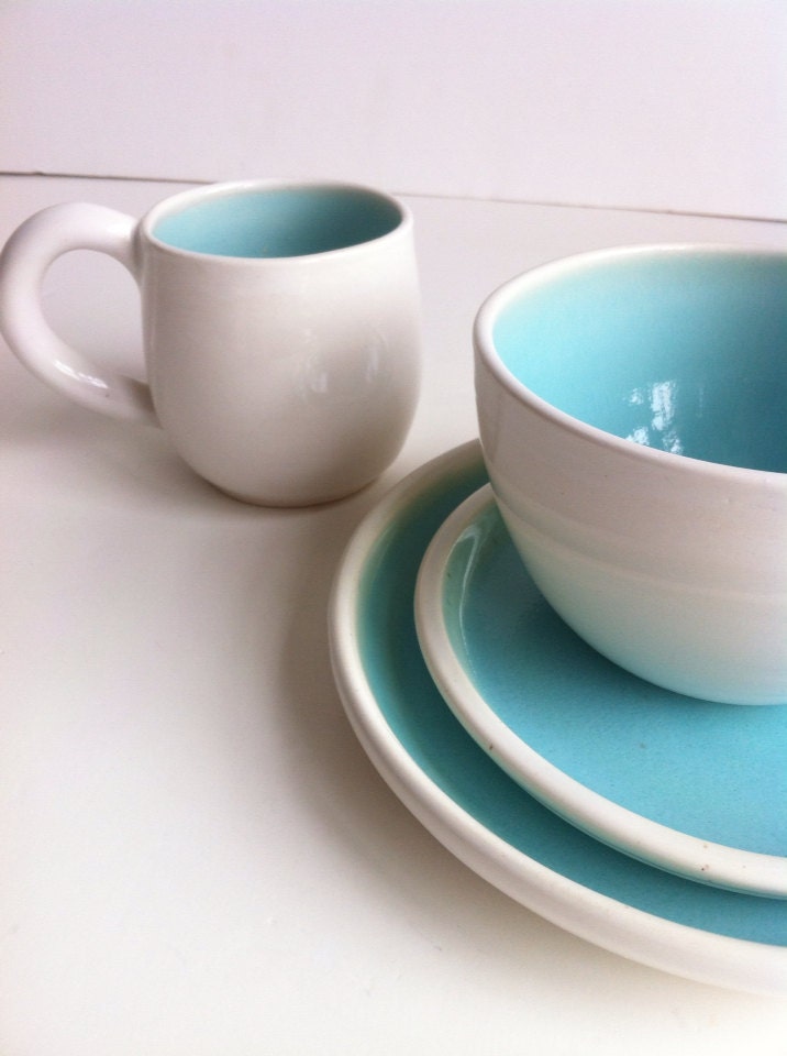 Wheel Thrown  Stoneware Dinnerware Set - White And Robin's Egg Blue