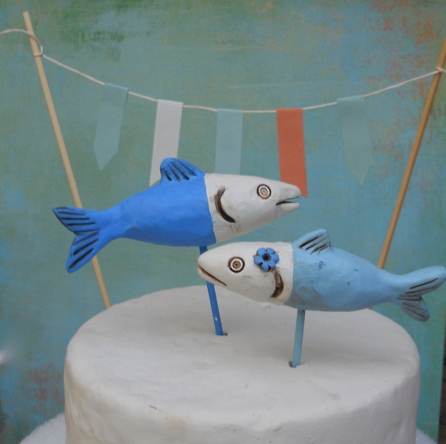 Blue Fish Wedding cake topper in white and blue for your Rustic Wedding
