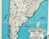 Map of Argentina and Chile - A Fun and Funky Little Vintage Map to Frame