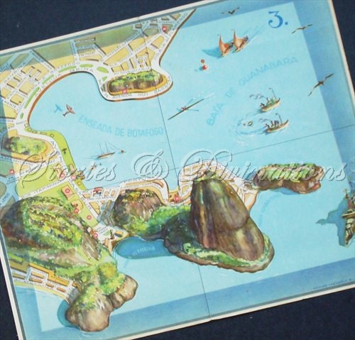 Brazil - Rio De Janeiro Map - Adorable 1940s Picture Map of Urca  - Baia de Guanabara