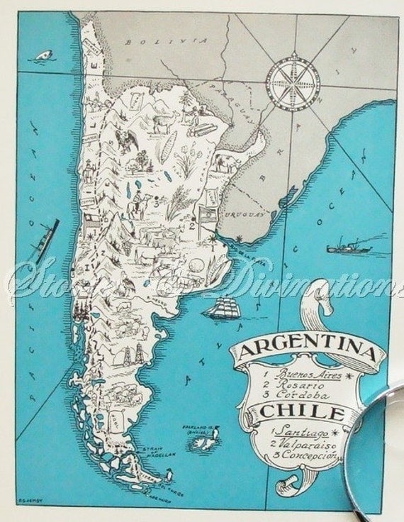 Map of Argentina and Chile - A Fun and Funky Little Vintage Map to Frame