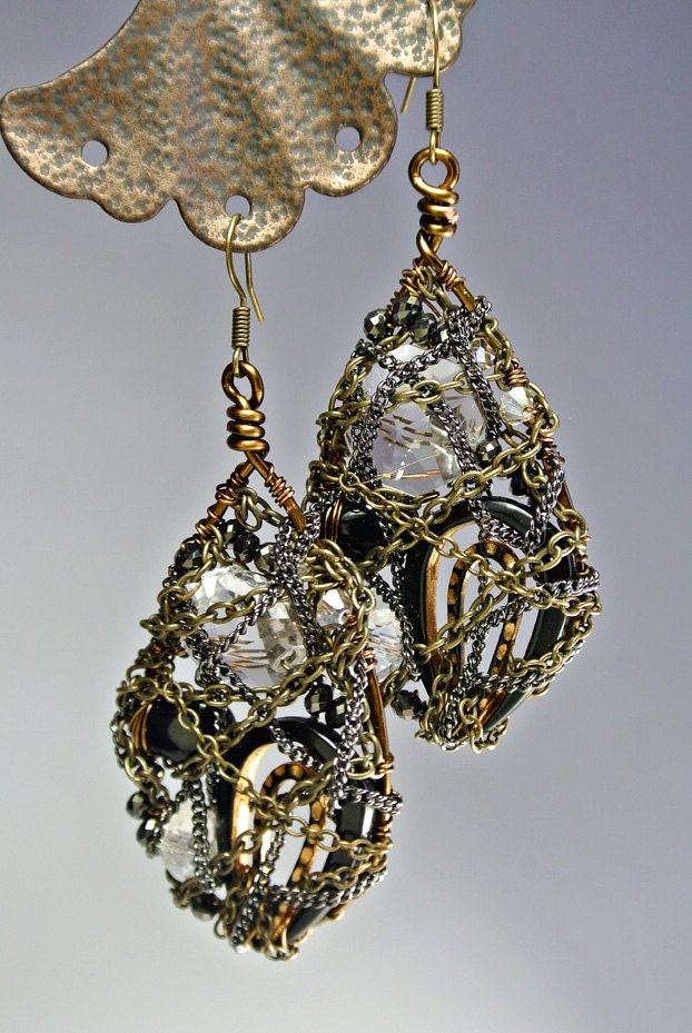 Nested earrings in celluloid and crystal - one of a kind earrings