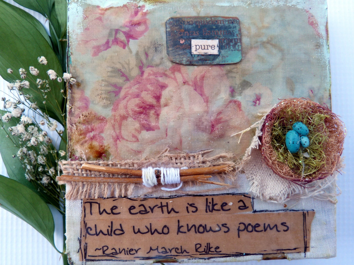 Mixed Media Original, Birds Nest, Birch Panel Art