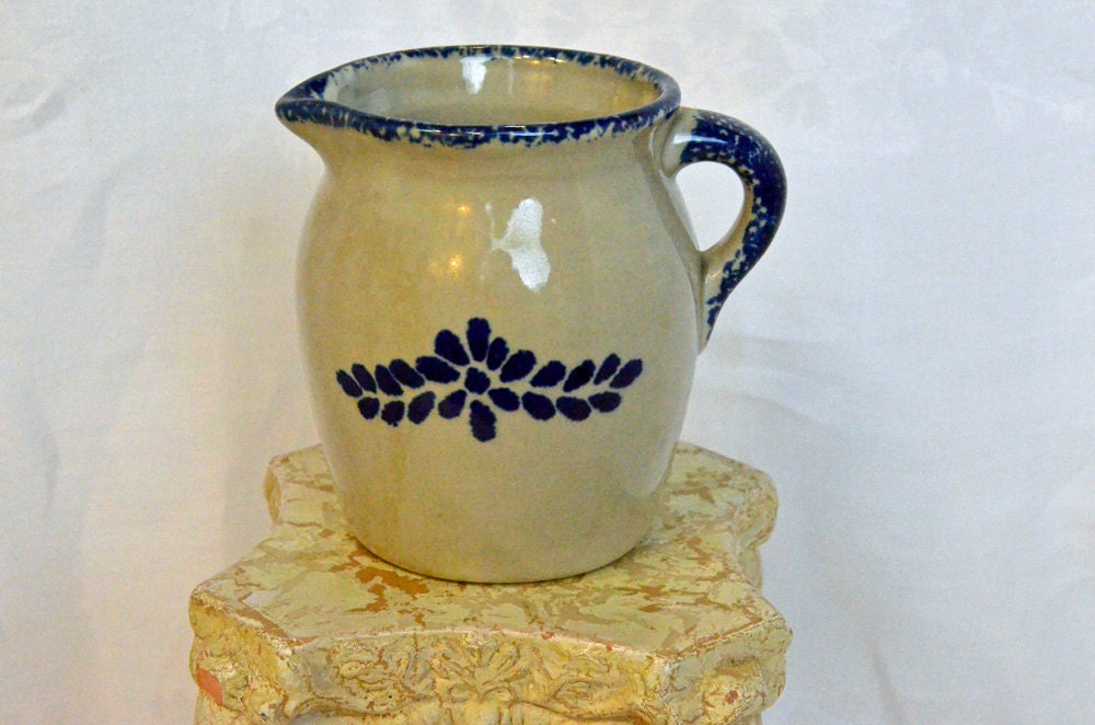 Cute Vintage Loomco Stoneware Pitcher Creamer collectibles cobalt blue hand painted crock ceramic housewares serving retro folk art country