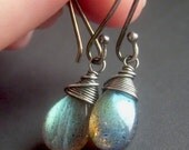 Labradorite Briolette Earrings on Oxidized Sterling Silver . Wirewrapped Fiery Gemstone Dangle . Ignition