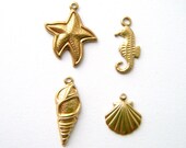 12 Pc Seaside Theme Raw Brass Charms / Seahorse, Starfish, Seashell, Scallop Shell