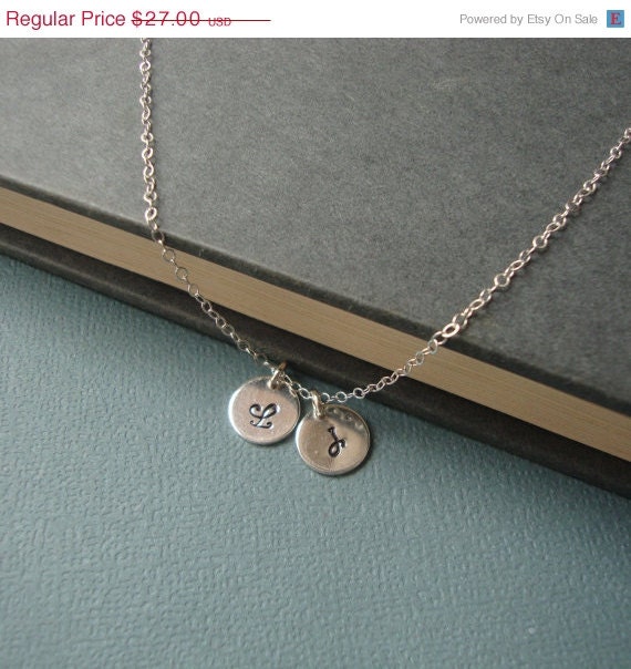 ON SALE Two Personalized Tiny Initial Necklace Sterling Silver Sequin - Hand Stamped Tiny Drop - Bridal, Layering Necklace, Perfect Gift
