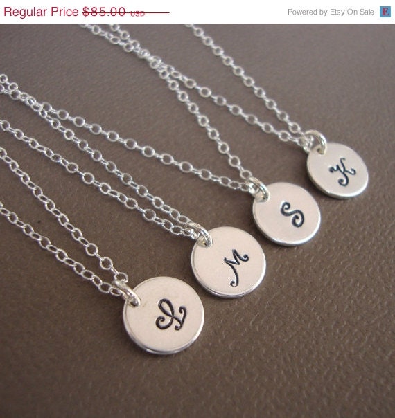 ON SALE Personalized Tiny Initial Necklace SET of Four (4) Sterling Silver Sequin - Hand Stamped Tiny Drop - Bridal, Layering Necklace, Per