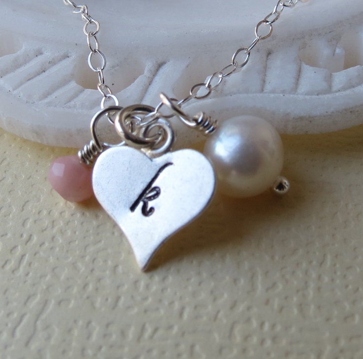 Personalized Heart Necklace, Hand Stamped Heart Silver Necklace, Birthstone Necklace, Anniversary Gift