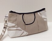 Rectangular Wristlet Clutch Purse White Leaves Black Fruit on Taupe Brown