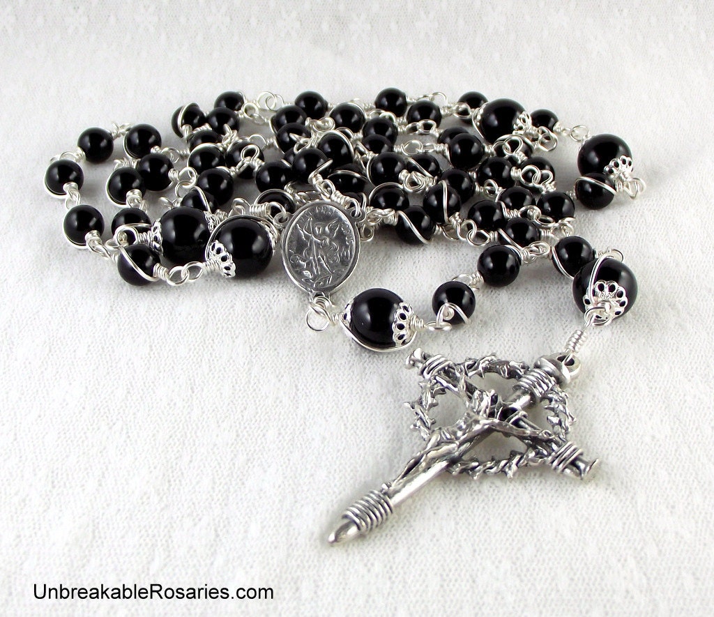 St Michael The Archangel Rosary Beads For Men in Black Onyx  with Nail Crucifix by Unbreakable Rosaries