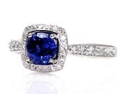 Platinum Art Nouveau Blue Sapphire Engagement Ring Diamond Halo Blue Sapphire Ring Vintage Custom Bridal Jewelry