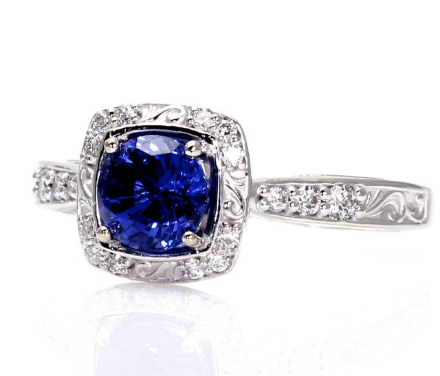 Platinum Art Nouveau Blue Sapphire Engagement Ring Diamond Halo Blue Sapphire Ring Vintage Custom Bridal Jewelry