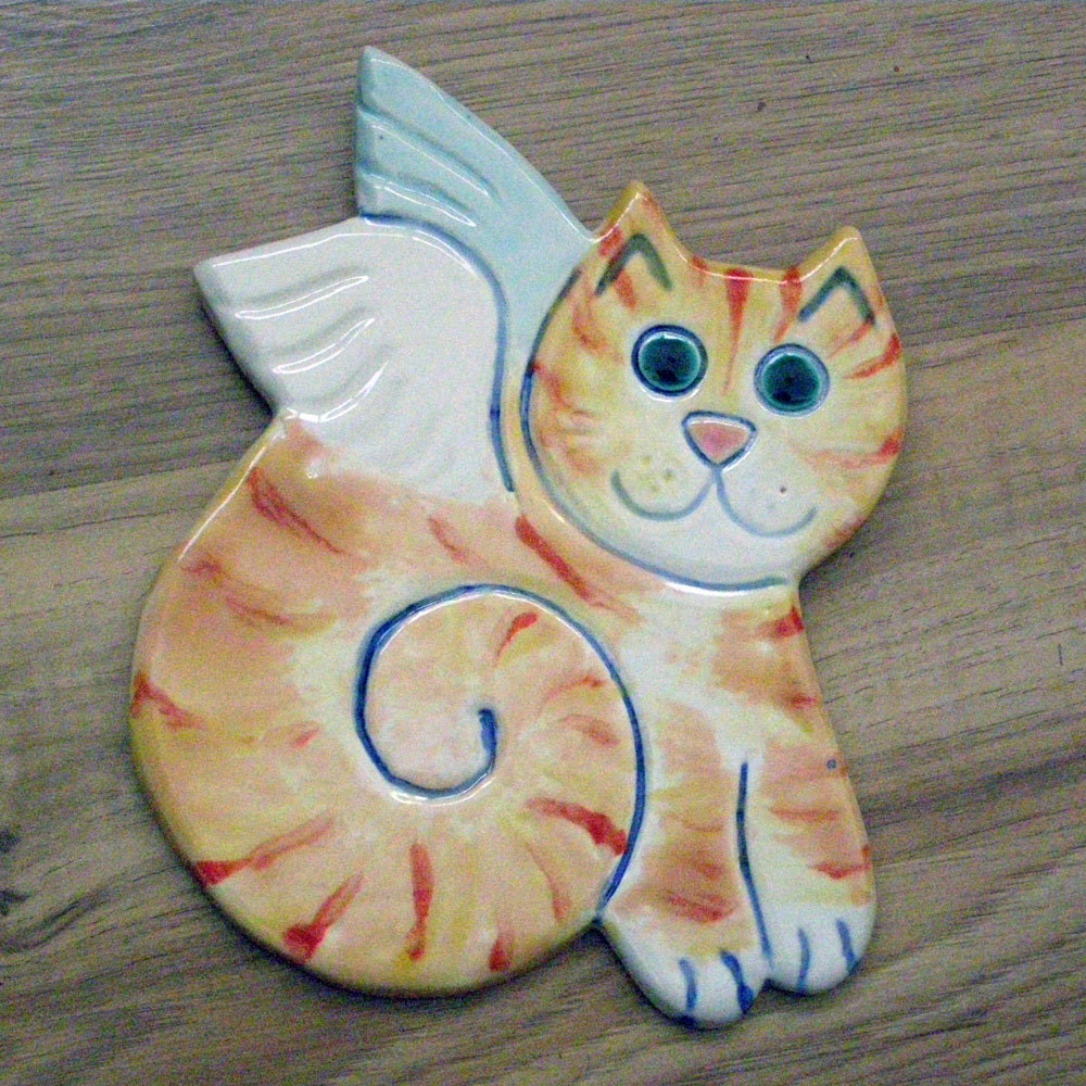 Ceramic cat angel tile wall hanging for home decor