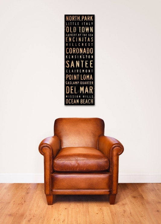 San Diego neighborhoods typography graphic art on canvas original design 8 x 24 x 1.5 inches by stephen fowler