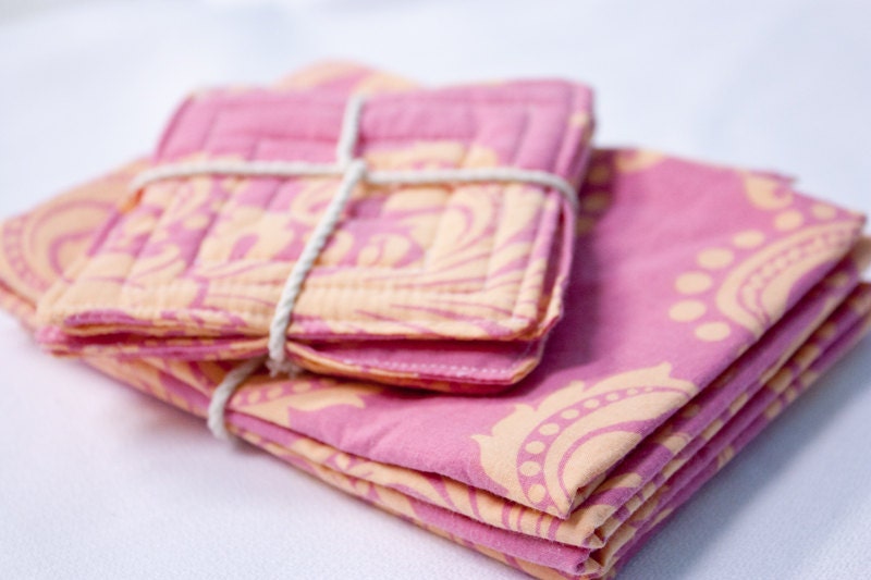 Set of 4 Reversible Coasters and Matching Reusable Napkins - Pink Floral - made with reclaimed and remnant fabrics
