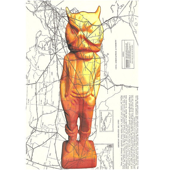 Beatnik owl dude Civil Aeronautic Line map runny bunny OAK  print