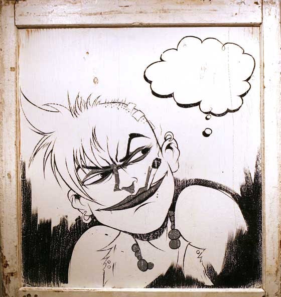 Original hand painted acrylic comic pop art on wood framed in anitque wood window