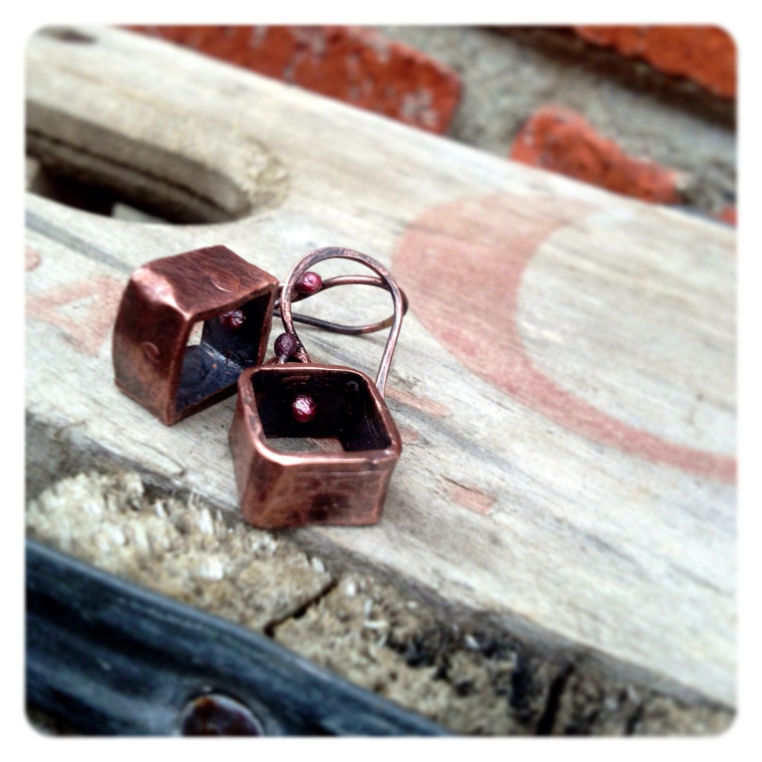 Hammered Copper Modern Square Dangle Earrrings